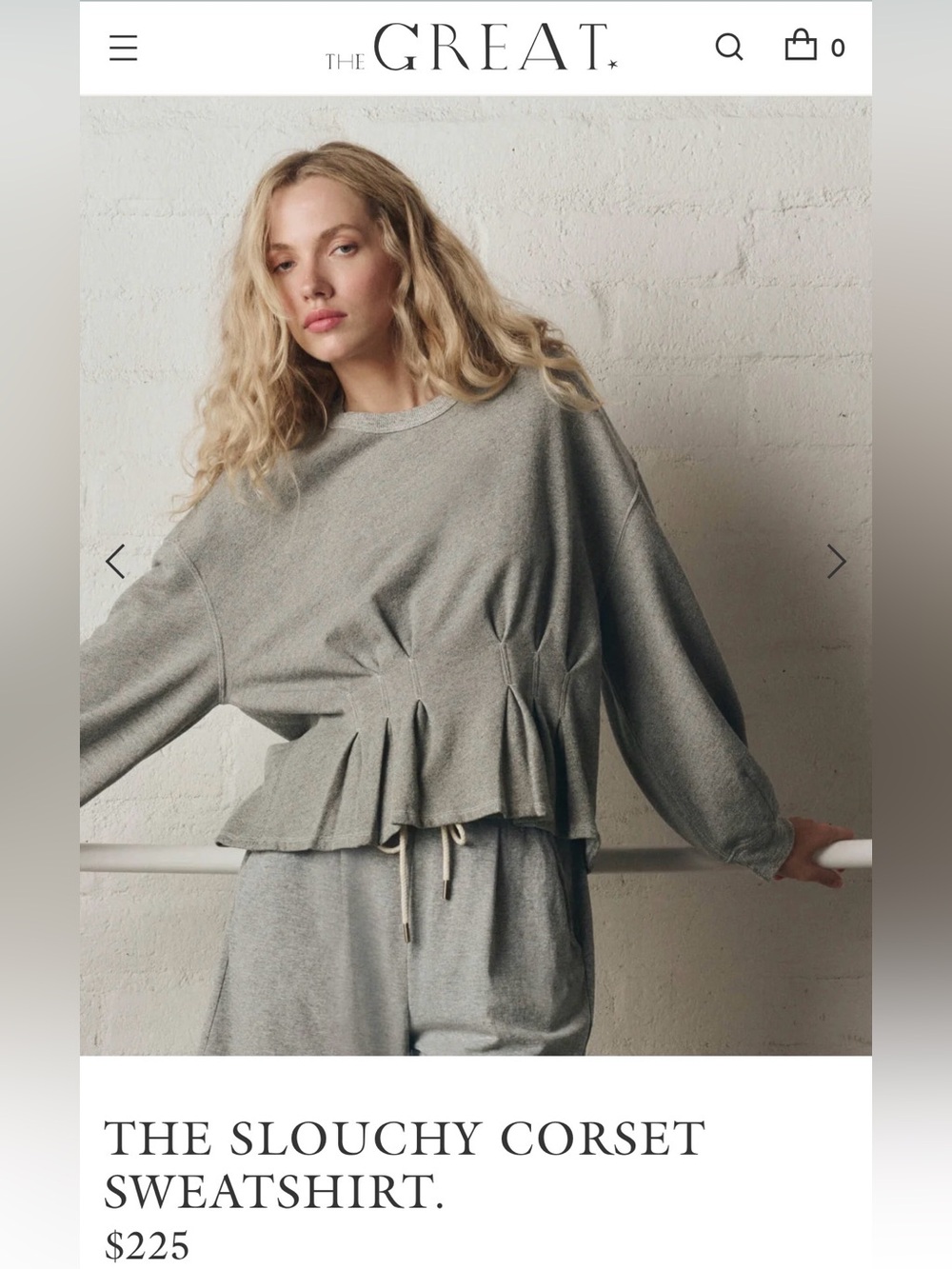 NWT The Great THE SLOUCHY CORSET SWEATSHIRT. Varsity Grey size 1